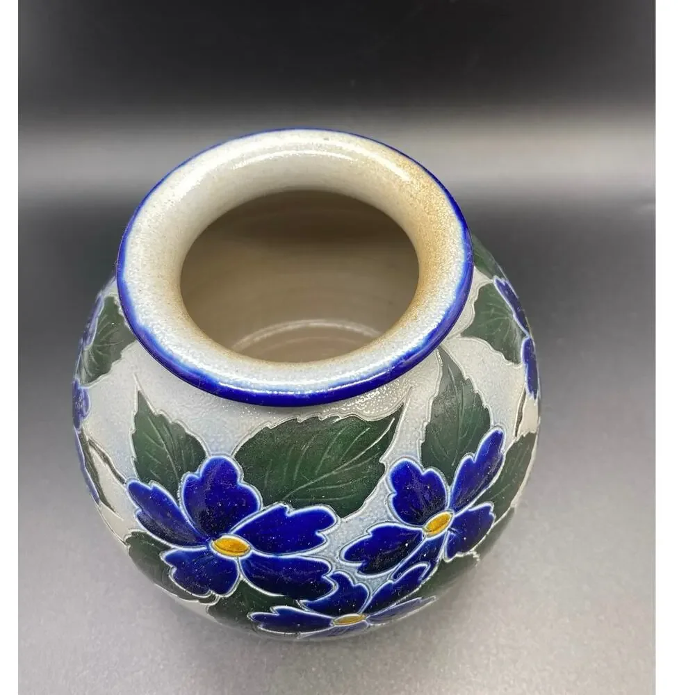 ALSACE Salt Glaze Vintage Betschdorf Cobalt Flowers, French Vase‎ signed pottery